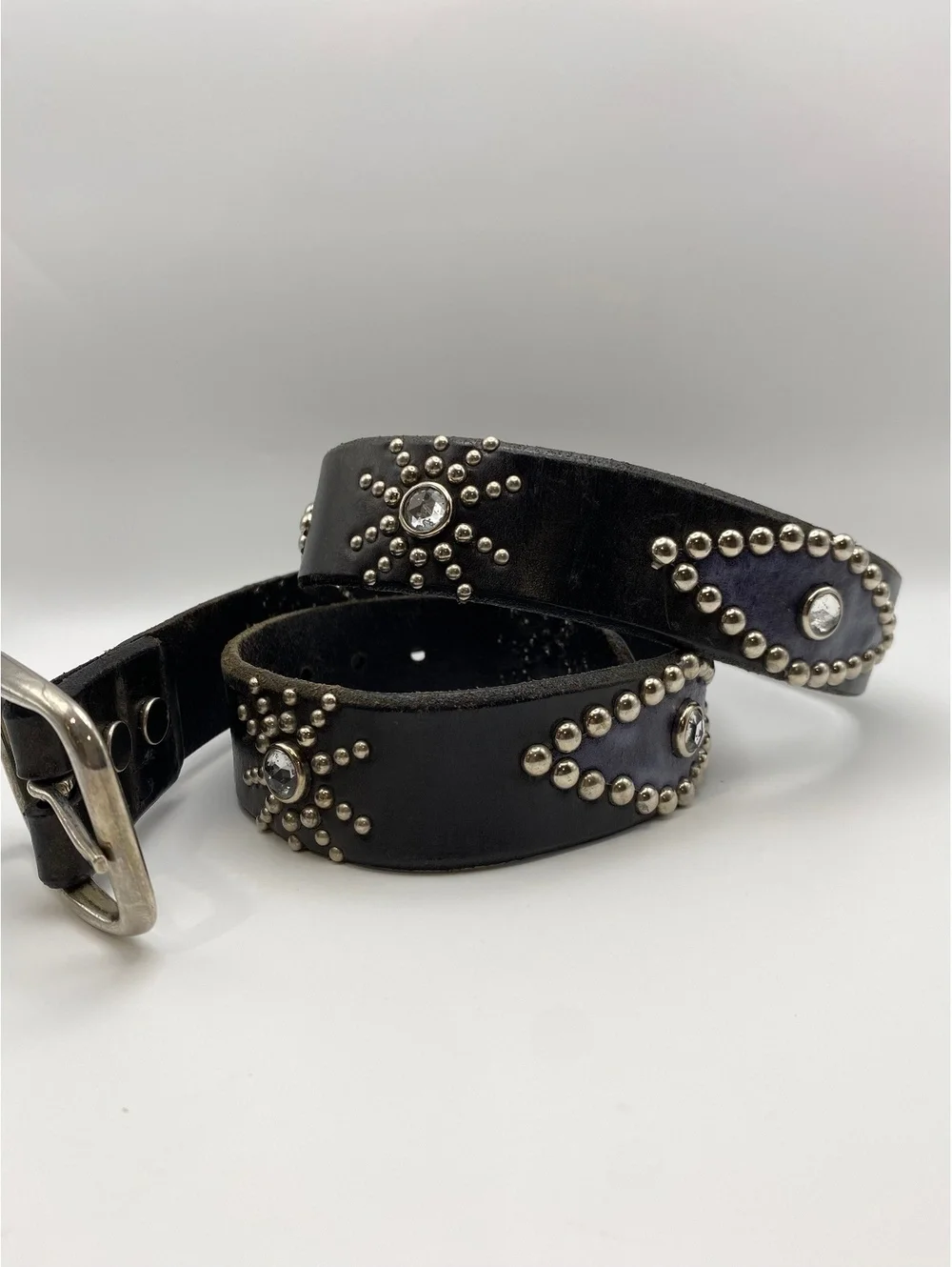 Black Leather Studded Belt with Rhinestone Accents